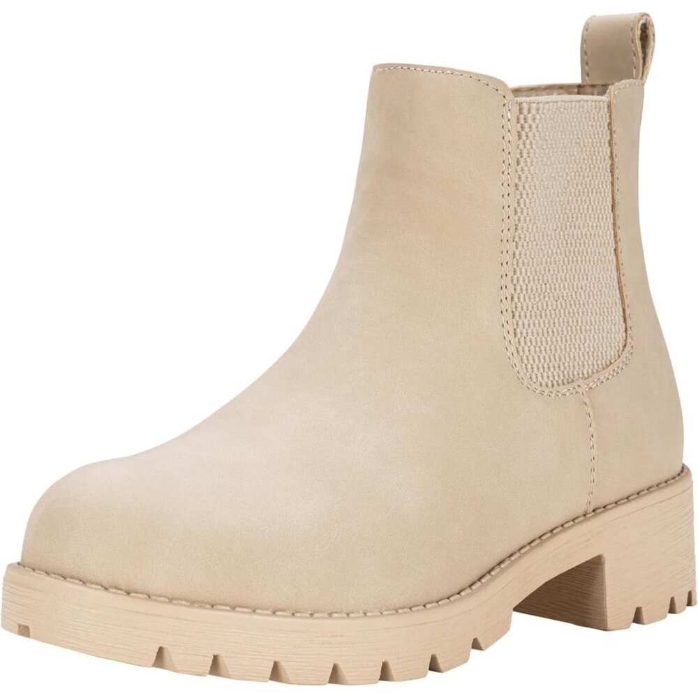 Vepose Women Beige Leather Chunky Block Heel Chelsea Ankle Pull-On Booties